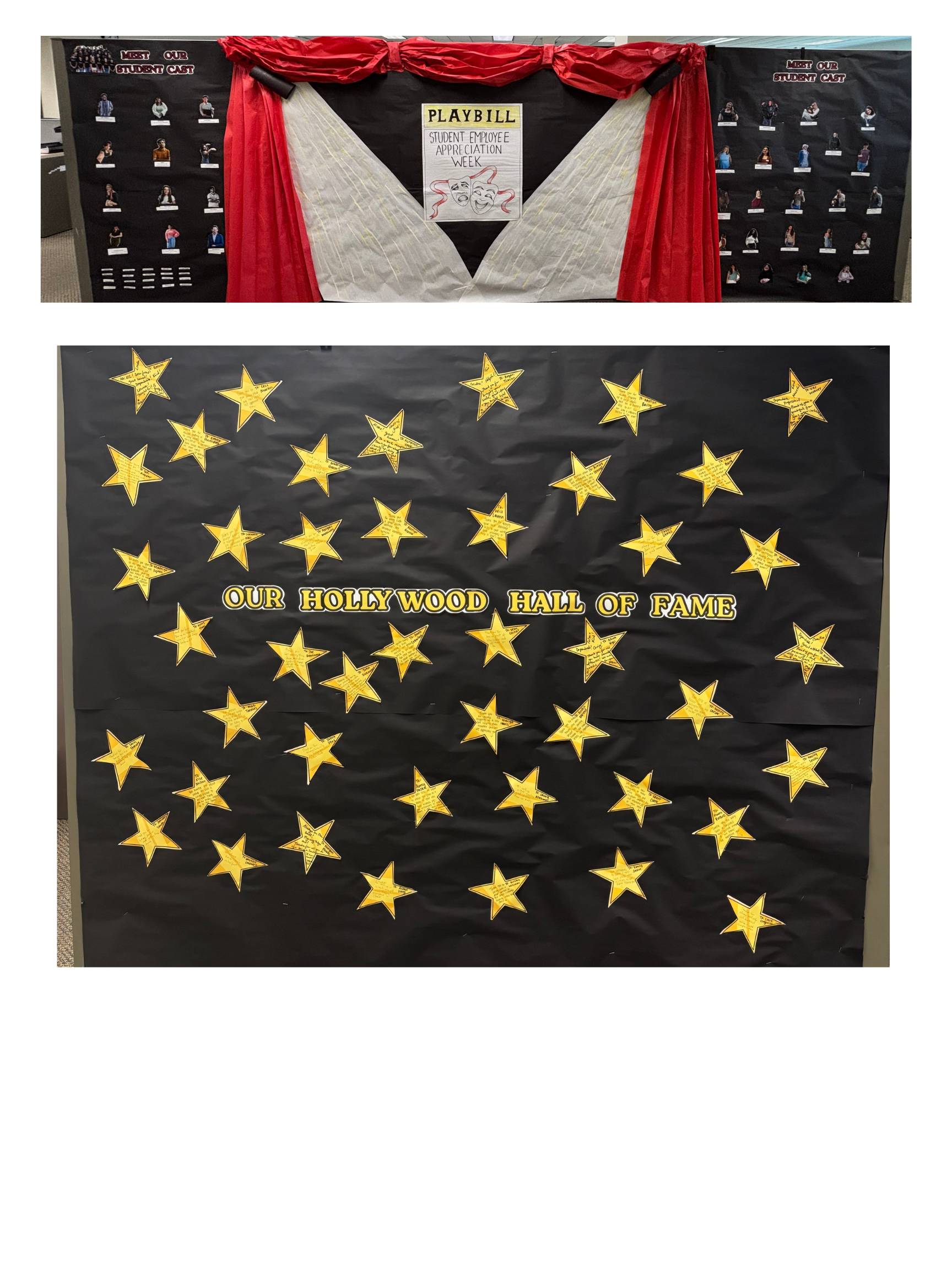 a black background with lots of yellow stars. A theater scene with red curtains and pictures of student employees